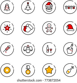 line vector icon set - christmas tree vector, santa claus, garland, star, gloves, cake man, hat, firework rocket, angel, wine, champagne, medal, fizz opening