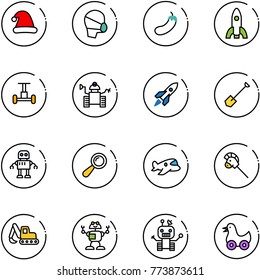 line vector icon set - christmas hat vector, medical mask, eggplant, rocket, gyroscope, robot, shovel, beanbag, plane toy, horse stick, excavator, duck
