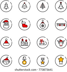 line vector icon set - christmas tree vector, santa claus, sock, ball, garland, hat, candle, sleigh gift, deer, elf, star medal