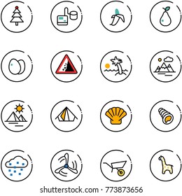 line vector icon set - christmas tree vector, tonometer, banana, pear, eggs, landslide road sign, palm, mountains, pyramid, tent, shell, snow, wind mill, wheelbarrow, toy giraffe
