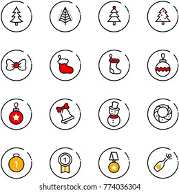 line vector icon set - christmas tree vector, bow, sock, ball, bell, snowman, wreath, gold medal, star, fizz opening