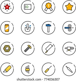 line vector icon set - christmas star vector, safe, gold medal, drink, casting of steel, hammer, rolling, nut, screw, metal hacksaw, pipe welding, work knife, allen key set, awl, forceps