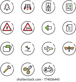 line vector icon set - christmas tree vector, garland, mobile, account statement, intersection road sign, side wind, left arrow, document, folder, sproute, plane, dragonfly, sledgehammer, scissors