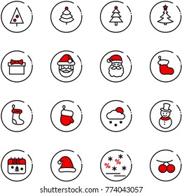 line vector icon set - christmas tree vector, gift, santa claus, sock, glove, snowfall, snowman, calendar, hat, sale, rowanberry