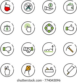 line vector icon set - christmas glove vector, fork spoon plate, investment, wallet, purse, hand cursor, friends, like, dislike, agreement, growth, rock axe, victory, kite, jointer, metal hacksaw