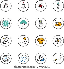 line vector icon set - christmas tree vector, holly, carrot, lemon slice, broccoli, flower pot, coconut cocktail, mountains, waves, shell, sun power, snow, recycling, sickle