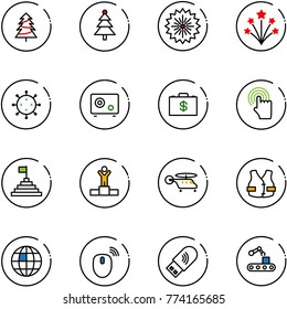 line vector icon set - christmas tree vector, firework, virus, safe, money case, hand cursor, pyramid flag, winner, helicopter, life vest, globe, mouse wireless, usb wi fi, conveyor