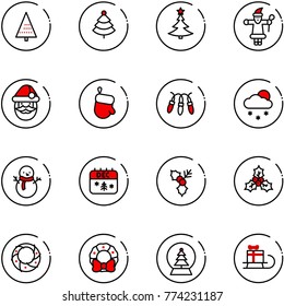 line vector icon set - christmas tree vector, santa claus, glove, garland, snowfall, snowman, calendar, holly, wreath, snowball, sleigh gift