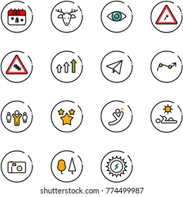line vector icon set - christmas calendar vector, deer, eye, turn right road sign, multi lane traffic, arrows up, paper fly, chart point arrow, team leader, stars, flying man, reading, photo, forest