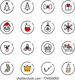 line vector icon set - christmas tree vector, bow, gift, santa claus, glove, ball, snowflake, holly, snowball house, sleigh, golden branch, crown, scythe, brush