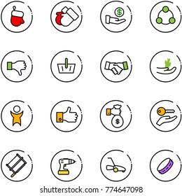 line vector icon set - christmas glove vector, gloves, investment, social, dislike, basket, agreement, hand sproute, success, finger up, rich, key, bucksaw, drill, lawn mower, tambourine