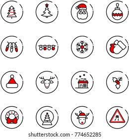line vector icon set - christmas tree vector, santa claus, ball, garland, snowflake, gloves, hat, deer, house, holly, wreath, snowball, slippery road sign