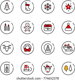 line vector icon set - christmas tree vector, sock, snowflake, star, candle, cake man, calendar, hat, deer, wreath, snowball, santa sleigh, mobile, gift, forest