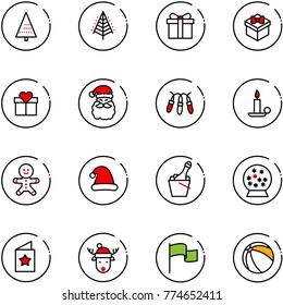 line vector icon set - christmas tree vector, gift, santa claus, garland, candle, cake man, hat, champagne, snowball, star postcard, deer, flag, ball