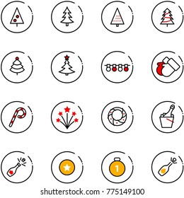 line vector icon set - christmas tree vector, garland, gloves, lollipop, firework, wreath, champagne, star medal, gold, fizz opening