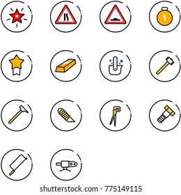 line vector icon set - christmas star vector, Road narrows sign, artificial unevenness, gold medal, casting of steel, sledgehammer, mason hammer, work knife, plumber, bolt, metal hacksaw