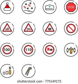 line vector icon set - christmas hat vector, sale, doctor, stop road sign, children, side wind, railway intersection, prohibition, speed limit 100, 110, no truck overtake, team leader, dollar chart