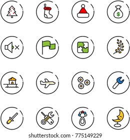 line vector icon set - christmas tree vector, sock, hat, money bag, volume off, flag, puzzle, golden branch, bungalow, plane, flower, wrench, clinch, screwdriver, beanbag, moon lamp