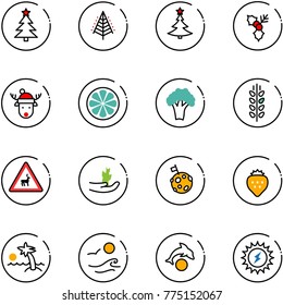 line vector icon set - christmas tree vector, holly, deer hat, lemon slice, broccoli, spica, wild animals road sign, hand sproute, moon flag, strawberry, palm, waves, dolphin, sun power