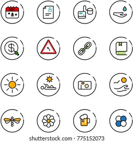 line vector icon set - christmas calendar vector, patient card, tonometer, drop hand, money click, turn left road sign, link, book, sun, reading, photo, waves, dragonfly, flower, beer, atom core