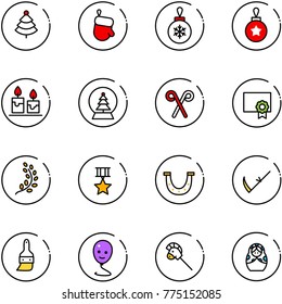 line vector icon set - christmas tree vector, glove, ball, candle, snowball, santa stick, certificate, golden branch, star medal, luck, scythe, brush, balloon smile, horse toy, russian doll