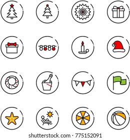 line vector icon set - christmas tree vector, firework, gift, garland, candle, hat, wreath, champagne, flag, starfish, beach, parasol, ball