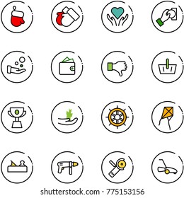 line vector icon set - christmas glove vector, gloves, heart care, cash pay, wallet, dislike, basket, cup, hand sproute, wheel, kite, jointer, drill machine, Angular grinder, lawn mower
