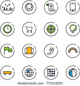 line vector icon set - christmas landscape vector, wreath, account history, phone, time, cart, target, globe, flag, doors, flying man, rainbow, skateboard, circuit, basketball