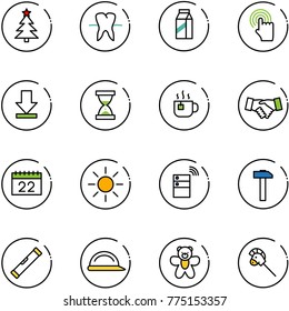 line vector icon set - christmas tree vector, tooth, milk, hand cursor, download, sand clock, hot tea, agreement, calendar, sun, server wireless, hammer, level, construction helmet, bear toy