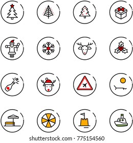 line vector icon set - christmas tree vector, gift, santa claus, snowflake, deer, holly, champagne, hat, airport road sign, lounger, inflatable pool, parasol, sand castle, toy boat
