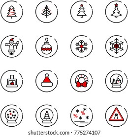 line vector icon set - christmas tree vector, santa claus, ball, snowflake, fireplace, hat, wreath, snowball house, sale, slippery road sign