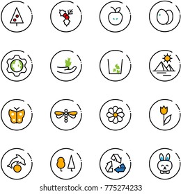 line vector icon set - christmas tree vector, holly, apple, eggs, gear globe, hand sproute, garbage, pyramid, butterfly, dragonfly, flower, tulip, dolphin, forest, recycling, toy rabbit