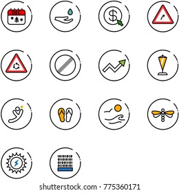 line vector icon set - christmas calendar vector, drop hand, money click, turn right road sign, round motion, no limit, growth arrow, pennant, flying man, flip flops, waves, dragonfly, sun power