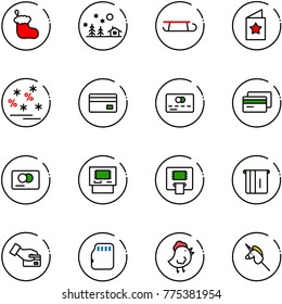 line vector icon set - christmas sock vector, landscape, sleigh, star postcard, sale, credit card, atm, pay, micro flash, chicken toy, unicorn stick