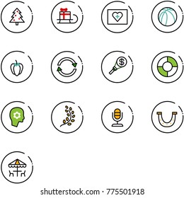 line vector icon set - christmas tree vector, sleigh gift, first aid kit, basketball ball, sweet pepper, exchange, money torch, circle chart, brain work, golden branch, microphone, luck