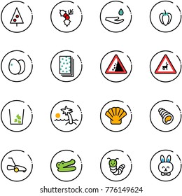 line vector icon set - christmas tree vector, holly, drop hand, sweet pepper, eggs, breads, landslide road sign, wild animals, garbage, palm, shell, lawn mower, crocodile, toy caterpillar, rabbit
