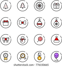 line vector icon set - christmas tree vector, firework, gift, bow, ball, snowman, lollipop, hat, gold medal, star, balloon smile