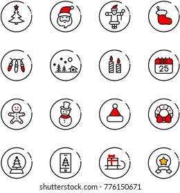 line vector icon set - christmas tree vector, santa claus, sock, garland, landscape, candle, 25 dec calendar, cake man, snowman, hat, wreath, snowball, mobile, sleigh gift, star medal