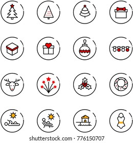 line vector icon set - christmas tree vector, gift, ball, garland, deer, firework, holly, wreath, reading, beach, bungalow, swimsuit