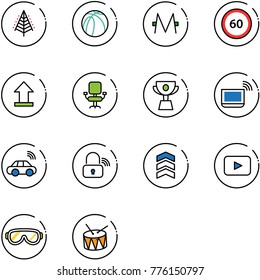line vector icon set - christmas tree vector, basketball ball, monero, speed limit 60 road sign, uplooad, office chair, cup, notebook wi fi, car wireless, lock, chevron, playback, protective glasses