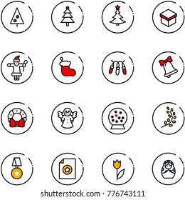 line vector icon set - christmas tree vector, gift, santa claus, sock, garland, bell, wreath, angel, snowball, golden branch, star medal, certificate, tulip, russian doll