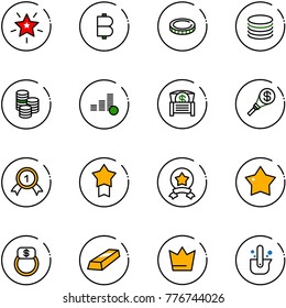 line vector icon set - christmas star vector, bitcoin, coin, money chest, torch, gold medal, finger ring, crown, casting of steel