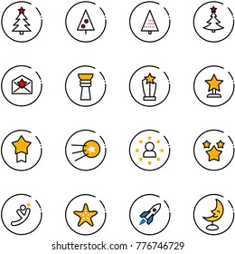 line vector icon set - christmas tree vector, star letter, award, medal, first satellite, man, stars, flying, starfish, rocket, moon lamp