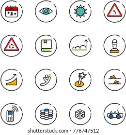 line vector icon set - christmas calendar vector, eye, sun, turn left road sign, round motion, book, growth, pawn, rise, flying man, palm, flip flops, mobile phone, carbon, cube toy, car