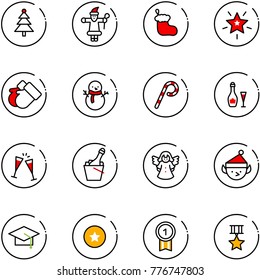 line vector icon set - christmas tree vector, santa claus, sock, star, gloves, snowman, lollipop, wine, glasses, champagne, angel, elf, graduate hat, medal, gold