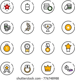 line vector icon set - christmas star vector, bitcoin, coin, golden branch, gold cup, medal, finger ring, crown, constructor blocks