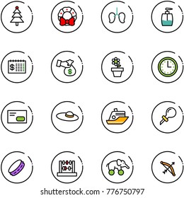 line vector icon set - christmas tree vector, wreath, lungs, liquid soap, finance calendar, encashment, flower pot, time, envelope, woman hat, cruiser, oiler, tambourine, abacus, elephant wheel, bow