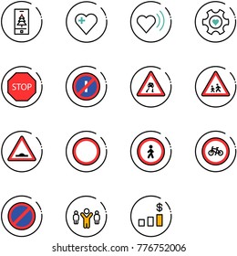 line vector icon set - christmas mobile vector, heart, beat, gear, stop road sign, no parkin odd, slippery, children, artificial unevenness, prohibition, pedestrian, bike, parking, team leader