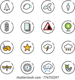 line vector icon set - christmas tree vector, lemon, three leafs, carrot, spica, breads, landslide road sign, money, coconut cocktail, starfish, storm, rain cloud, dragonfly, sun power, snow