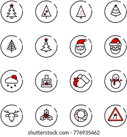 line vector icon set - christmas tree vector, santa claus, snowfall, fireplace, gloves, snowman, deer, holly, wreath, slippery road sign